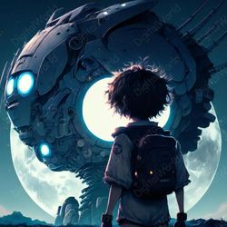 Art illustration. Boy in search of the Unknown . Moon. Jpg Image