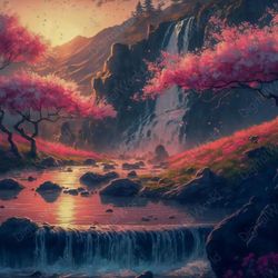 wonderful places. natural wonders. background. river. sunset. sakura