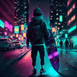 art illustration. boy with skate in night city. neon