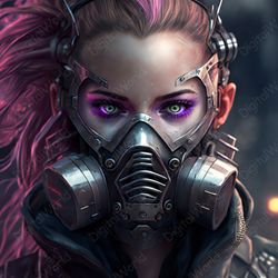 art illustration, full face, cyber style, beautiful masked girl