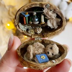OOAK Miniature teddy bear in walnut shell hous. Walnut art diorama