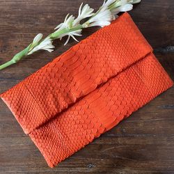 genuine python skin envelope orange clutch | exotic leather bags | small classy handmade purse | flat elegant evening cl