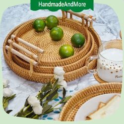Round Rattan Tray with Handle for Food, Decorative Rattan Tray Set of 3 Sizes 22-24-28cm
