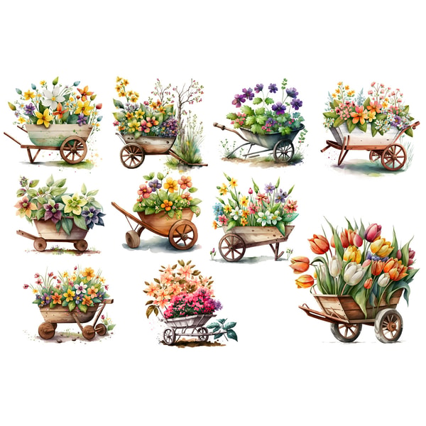 Spring Wheelbarrows 10 Files Watercolor Spring Wheelbarrow Bundle Happy Season S - Inspire ...