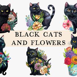 06 files of black cats and flowers png floral animal sublimation designs bundle