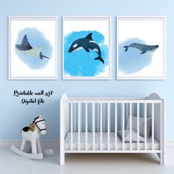 Set of 3 nursery prints, Sea animal nursery prints, Nursery wall art, Cute nursery prints, Nursery Printable Art