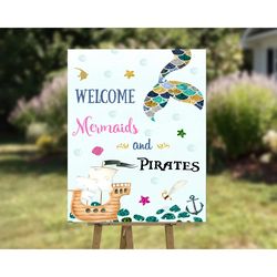 Mermaid and pirate welcome sign Mermaid birthday sign Under the sea party welcome banner Magical birthday poster decor