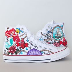 Little Mermaid Sneakers , Mermaid inspired Converse with Ariel, Sebastian, Flounder, Ships , Custom painted shoes