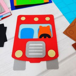 Laser cutting of felt for Red bus Silent book, sewing and needlework kit, DIY craft projects for baby