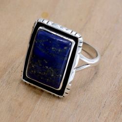 Lapis Lazuli 925 Silver Ring, Gemstone Handmade Rectangle Ring, Artisan Silver Ring, Healing Stone Ring Jewelry