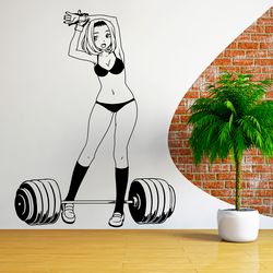 Girl With A Barbell Workout Bodybuilder Gym Fitness Crossfit Coach Sport Muscles Wall Sticker Vinyl Decal Mural Art