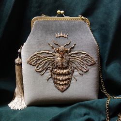 Royal bee bag, bee beaded clutch purse, beige velvet crossbody bag, bee and crown grey  handmade purse