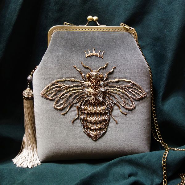 Bronze royal bee beaded velvet crossbody bag - Inspire Uplift