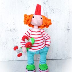 Waldorf doll crocheted. Red haired doll. Crocheted doll boy and skateboard. Distinctive doll. Home decor knitting doll.