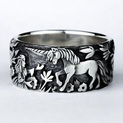 Fashion Engraved Unicorn Horse Ring Vintage Girlfriend Birthday Party Anniversary Gift Cartoon Animal Jewelry Rings