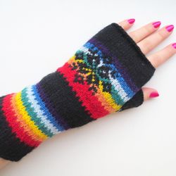 Wool fingerless gloves hand knitted Norwegian gloves women's black rainbow fingerless mittens Christmas gift for Her