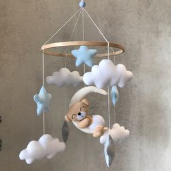 Crib Mobile Boy Teddy Bear Nursery Decor Blue Gray Stars and Clouds Minimalist