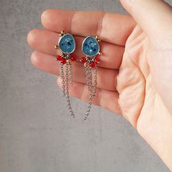 Long enamel earrings with glass beads and chains, 12 colors