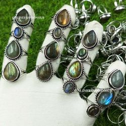 10 Pcs Labradorite Gemstone Silver Plated Design Ring, Wholesale  Ring Jewelry, Handmade Labradorite Rings Lot For Gift
