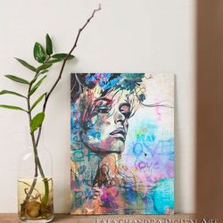 modernist portrait of a girl, grunge, graffiti, white blue print, painting,wall decor, wall art, printable journaling sc