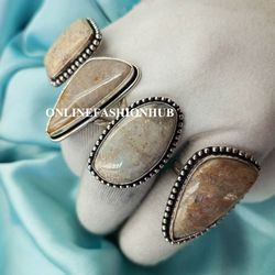 10 Pcs Natural Fossil Coral Gemstone Silver Plated Fancy Ring, Wholesale Ring For Gift, Handmade Rings Lot For Occasion