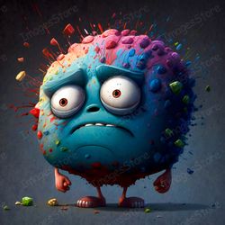 artistic illustration, bacterium character, sad bacterium looks ahead, jpg image