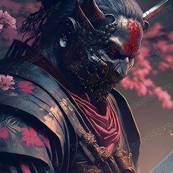 Artistic illustration,Samurai With a Book Wearing an Oni Demon Mask.Surrounded by Nature, Jpg Image