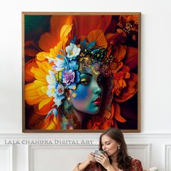 Surreal portrait of a girl in the image of a flower, girl, flower, bright print, orange flower, dahlia, digital art