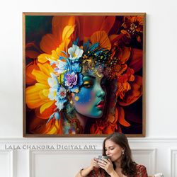 surreal portrait of a girl in the image of a flower, girl, flower, bright print, orange flower, dahlia, digital art