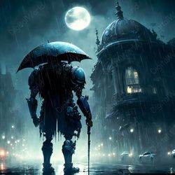 Steampunk Art, Robot in the Night City, Rain, Moon, Jpg Image
