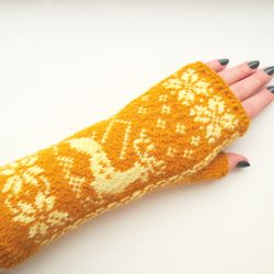 Merino wool fingerless gloves women's hand knitted Norwegian fingerless mittens with deer Christmas gift for Her