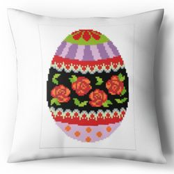 Digital - Vintage Cross Stitch Pattern Pillow - Easter Egg - Egg Rose - Easter Gift