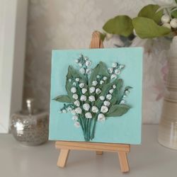 Mini canvas painting of 3D lilies of the valley on easel Small painting Mother's day gift Table decor Spring flowers