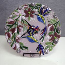 Wall fused glass clock with birds - Hummingbird wall decor for home