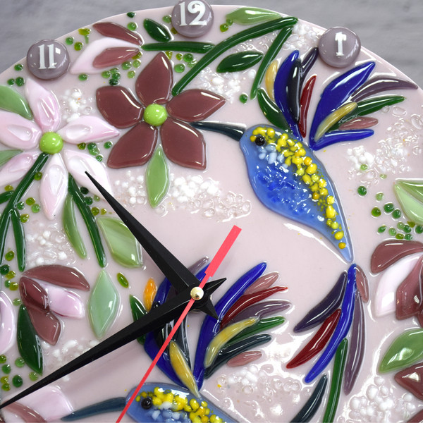 Wall fused glass clock with birds - Hummingbird wall decor for home