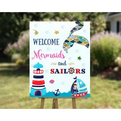 Mermaid and sailor welcome sign Mermaid birthday sign Under the sea party welcome banner Magical birthday poster decor