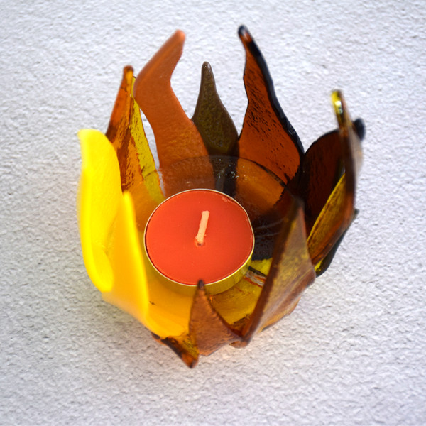 Yellow glass candle holder - fused glass art - brown fused glass candlestick holder