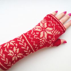 Hand Knit Wool Fingerless Gloves Fair Isle Fingerless Mittens Women's Norwegian Gloves with Stars Christmas Gift for Her