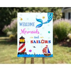 Mermaid and sailor welcome sign Mermaid birthday sign Under the sea party welcome banner Magical birthday poster decor