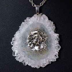 Quartz Stalactite Slice Necklace Clear White Solar Quartz Crystal Flower Silver Lady Cameo Pendant Necklace Jewelry 4439