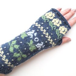 Women's fingerless gloves with flowers hand knitted fingerless mittens Norwegian wool gloves Christmas gift for Her