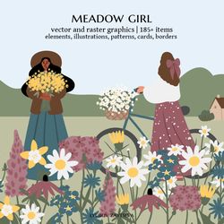 wildflower clipart, afro woman illustration, vector cottagecore landscape print clip art, png ai svg girl images in flat