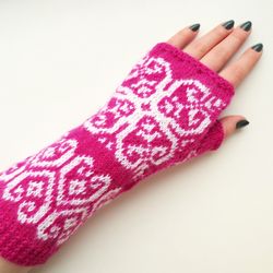 Norwegian fingerless gloves womens hand knitted fingerless mittens merino wool gloves with hearts Christmas gift for Her