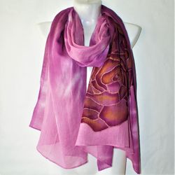 Hand Painted Floral Rose Scarf - Cotton Scarf in Purple