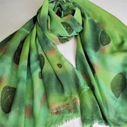 Hand Painted Green Leaves Cotton Scarf - Unique Fashion Accessory
