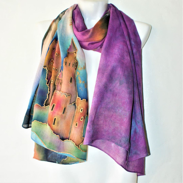 Hand-painted-designer-purple-cotton-scarf-with-a-royal-castle.jpg