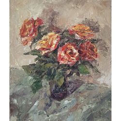 Yellow Red Roses Painting original Flowers oil Art 11x9" hand painted Impressionist art Signed by artist Marina Chuchko