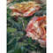 Coral Roses Oil Art. Textural strokes that emphasize the volume and texture of the leaves.