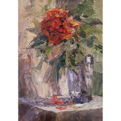Red Rose PAINTING 8,5 x 5,7" ORIGINAL Flower Art Signed by artist Marina Chuchko Oil Painting Impressionist hand painted