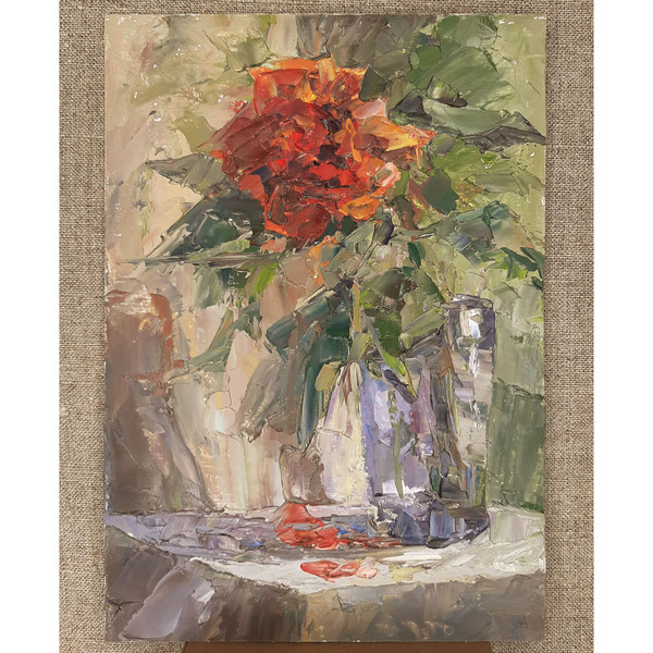 Chinese Red Rose on beige background. Original Oil artwork stands on canvas background.